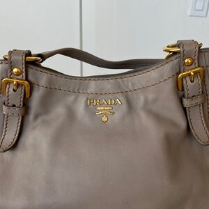 Prada Taupe Leather Shoulder Bag with Gold Accents